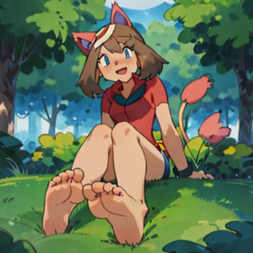 character_pokemon_may, may \(pokemon\), Maypokemon, barefoot, bare legs, soles, bandana, POKEMON_CHARACTER_MAY, barefoot, blue eyes, brown hair, red bandanna, red shirt, white skirt, blue shorts, bike shorts, medium breasts, barefoot, bare legs, long tail, big tail, long tail, tail, May shows her feet and soles, open mouth, bashful, embarrassed, blushed, blush, smile, foot focus, looks at viewer, foot tease, foot fetish, high soles, feet posing, Commission for high resolution, low resolution, detailed feet towering over you, detailed feet looming over you, Foot Art POV, Detailed legs、sole of feet, bare-legged, two legs, two feet, sitting, good face, good eyes, cat girl, catgirl, cat ears, pink ears, tail, cat tail, pink tail, big cat ears, skitty, Skitty ears, Skitty tail, Pokemon