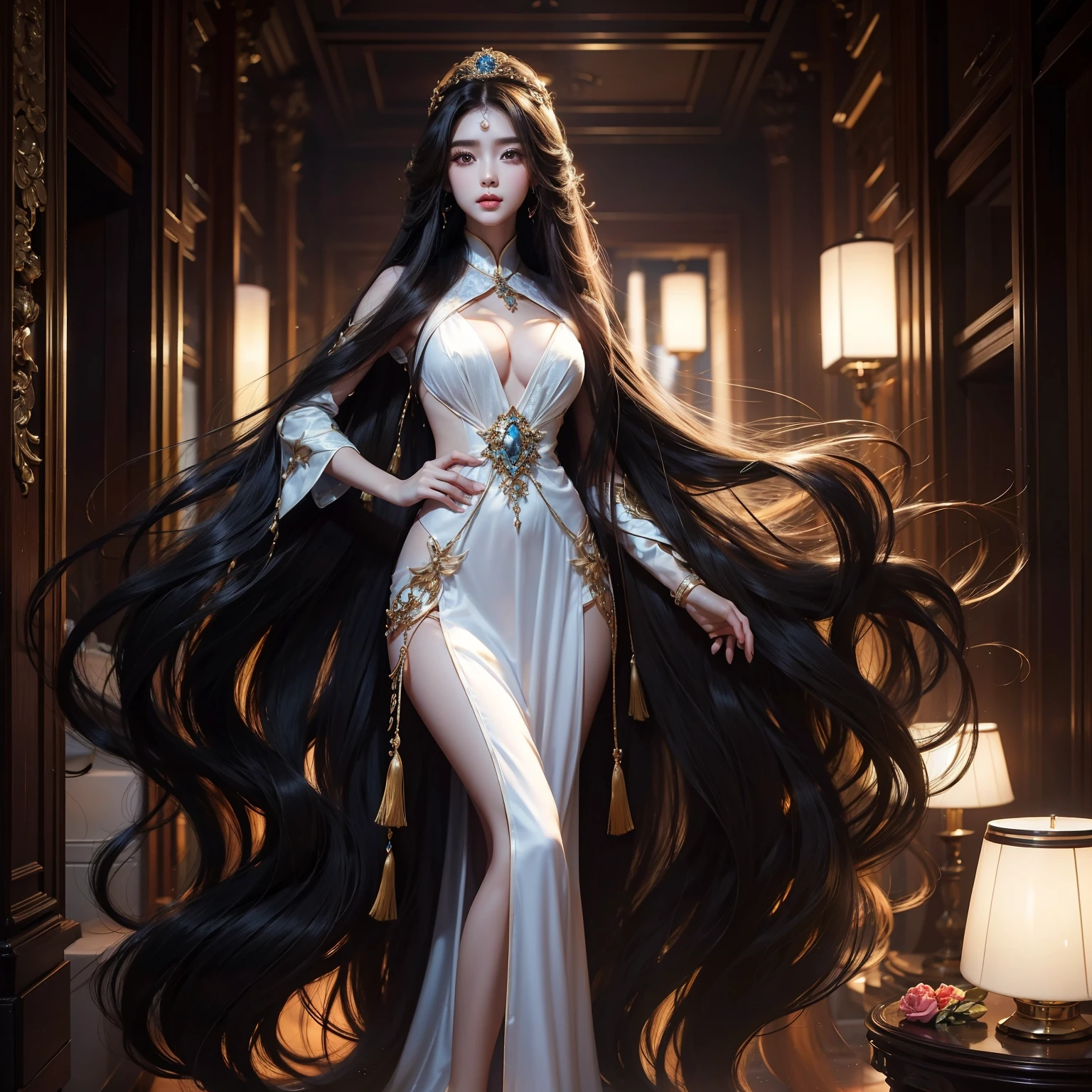 (最 High Quality 。 High Quality 。 highest resolution 。 ultra-realistic pictures 。 full-body portrait crossing the camera 。) there is one beautiful woman with extra long hair and very long hair。 More beautiful and well-groomed face than a beautiful actress 。A beautiful woman with a long face, a beautiful young woman。 She has a cute and beautiful face as a top model 。。 her hair is about 10 meters long 。 her hair is longer than her height。She's 22 years old 。 The most beautiful face in the world 。The longest hair in the world。 she's a World Long Hair Contest winner 。 Her beautiful hair is much longer than her height。Very rich hair 。Very moist hair。Very shiny hair。Take a picture of all of her long hair 。A picture of all her long legs 。Shiny very long hair 。Express her hair about 10 meters long。Expressing that long, beautiful hair is a symbol of female beauty 。smile。 Seductive Proportions 。 slender body 。She works in an office where there are only women with super long hair。 straight black hair 。All of our female customers in underwear or naked 。