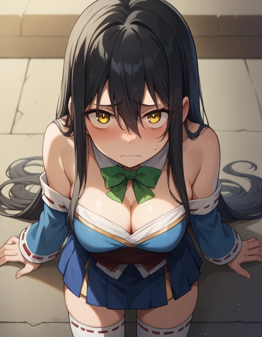 masterpiece, (((highest quality, perfect anatomy))), (cowboy shot, bright, BREAK 

(((crawl on all fours, shirt is exposed,  The cleavage of the breasts is visible:1.3, dutch angle shot , from above, breast focas,))) embarrassed face , BREAK miko yotsuya, long hair, bangs, black hair, hair between eyes, yellow eyes, medium breasts, BREAK skirt, shirt, thighhighs, bare shoulders, detached blue sleeves, white thighhighs, blue skirt, opened blue shirt:1.2, cloth off green bow, BREAK looking at the viewer, 