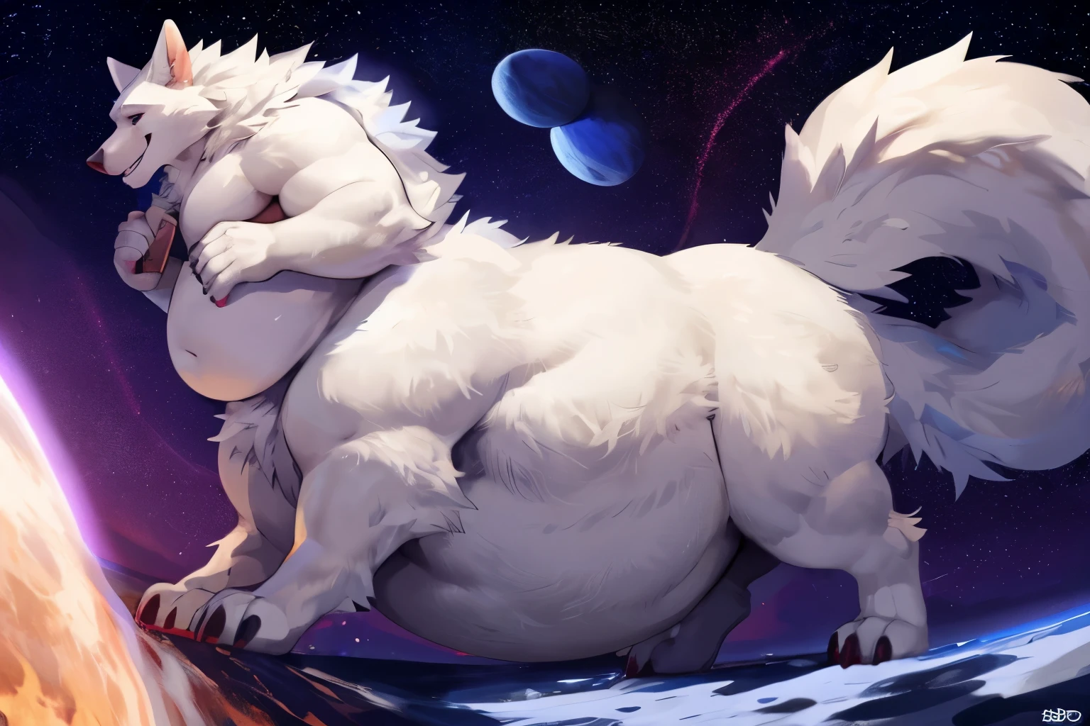 Wild wolf, female, long messy fluffy hair,,hyper breasts, hyper hips, hyper thighs, plump, voluptuous, gorgeous, beautiful, eyelashes, claws , mountains, colossal curves, colossal curves, colossal breasts, colossal breasts, colossal breasts , amber and white fur ,big belly, nighttime,full moon,lots of stars in the sky