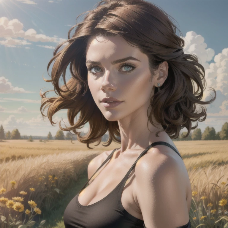 Kate Mara, 16 mm, remarkable color , Ultra realistic, analog photo,  beautiful super model ,   Highly detailed face ,  seductive eyes , using planters , cropped  off-shoulder tank top,  in a field of grass. bright sunny day. bokeh effect,  Professional, 4K,  highly detailed dynamic lighting,  photorealistic ,  intricate details , key visual, vivid colors