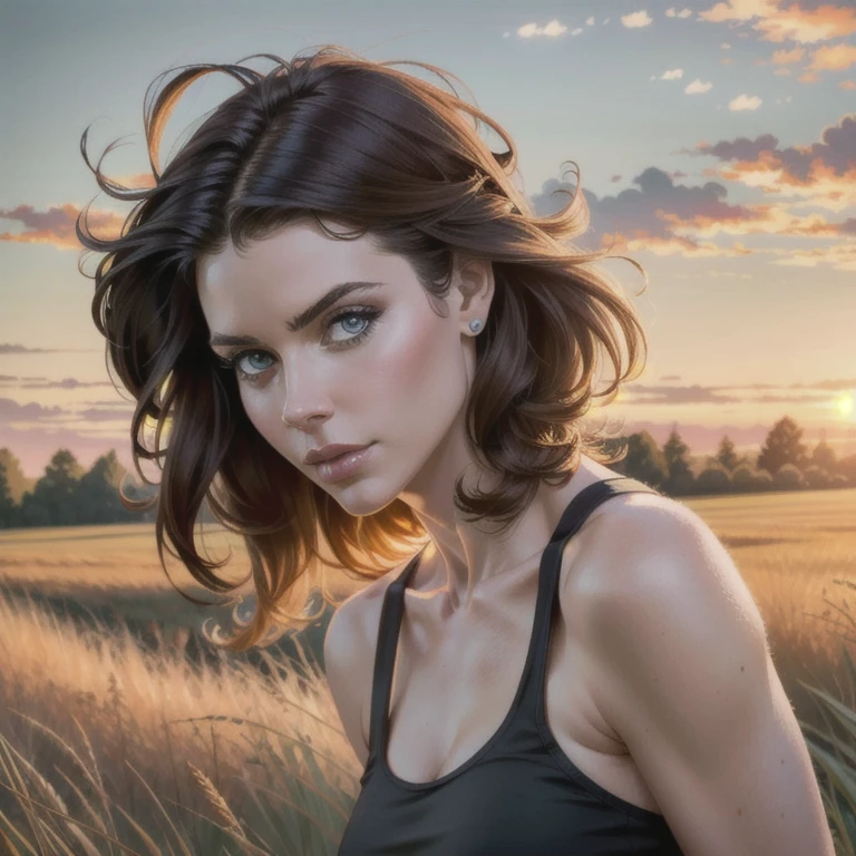 Kate Mara, 16 mm, remarkable color , Ultra realistic, analog photo,  beautiful super model ,   Highly detailed face ,  seductive eyes , using planters , cropped  off-shoulder tank top,  in a field of grass. bright sunny day. bokeh effect,  Professional, 4K,  highly detailed dynamic lighting,  photorealistic ,  intricate details , key visual, vivid colors