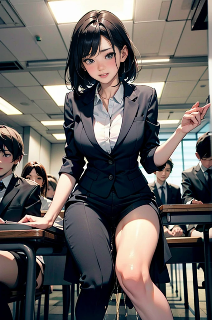  female teacher pees during class 、 female teacher pees in front of many students、 upright immobile、 Lower body and floor wet due to large amounts of pee 、 black suit、 beauty、 Japanese woman with a viewing angle of、 Completate、 female teacher blushes with so much embarrassment 、There is a large group of students behind a female teacher、From below