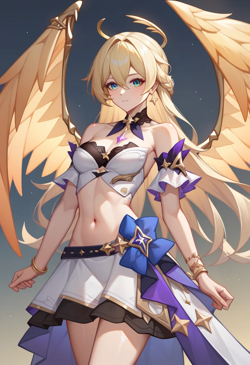 (masterpiece)、(highest quality)、(Super Detail)、(Best Anatomy)、Official Art、 Light-colored hair、 Shoulders are exposed、Small 、Exposing breastsd thighs、Starry Sky、Mysterious、Fantasy