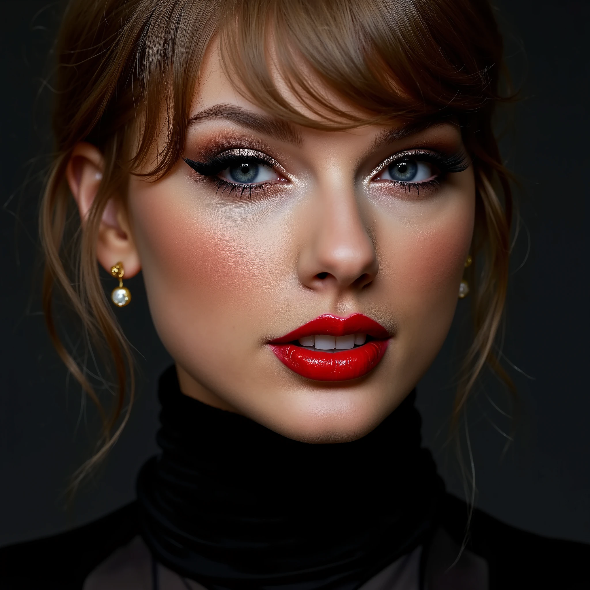 a beautiful woman with close-up portrait, detailed eyes, long eyelashes, beautiful detailed lips, shiny red lipgloss, wearing black latex bodysuit, latex pleated mini skirt, latex stockings, latex gloves, (best quality,4k,8k,highres,masterpiece:1.2),ultra-detailed,(realistic,photorealistic,photo-realistic:1.37),studio lighting,extremely detailed face and skin,vivid colors,sharp focus