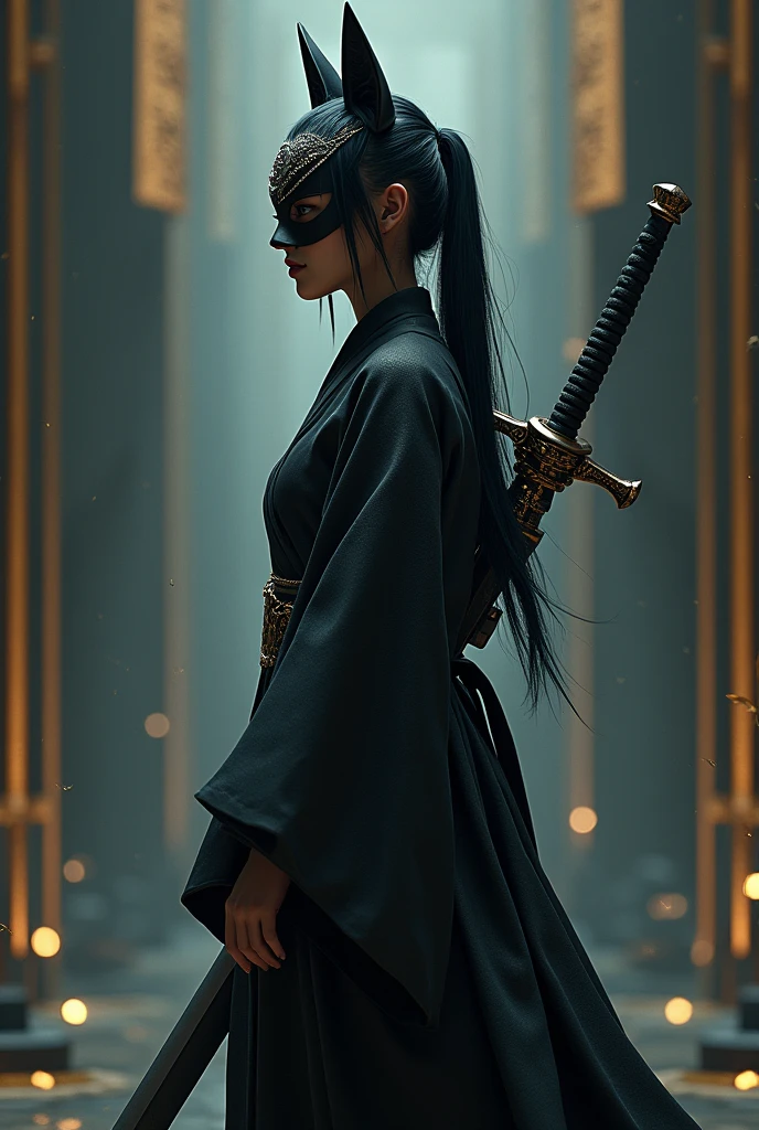 reality ,3D Photography, Women's Ambu Black Fox Mask w/ Book Sword、 gold border on the side , wear a dawn robe , black hair white mesh short hair, with a large sword on the back , Anime, Photographic ,