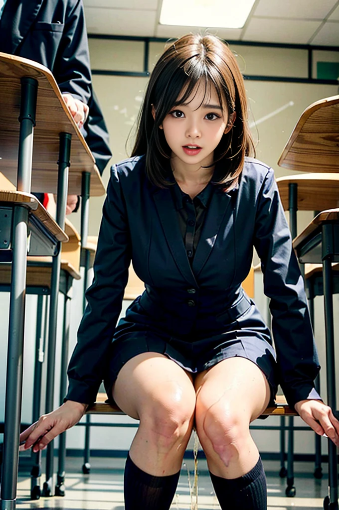  female teacher pees during class 、 female teacher pees in front of many students、 upright immobile、 Lower body and floor wet due to large amounts of pee 、 black suit、 beauty、 Japanese woman with a viewing angle of、 Completate、 female teacher blushes with so much embarrassment 、There is a large group of students behind a female teacher、From below