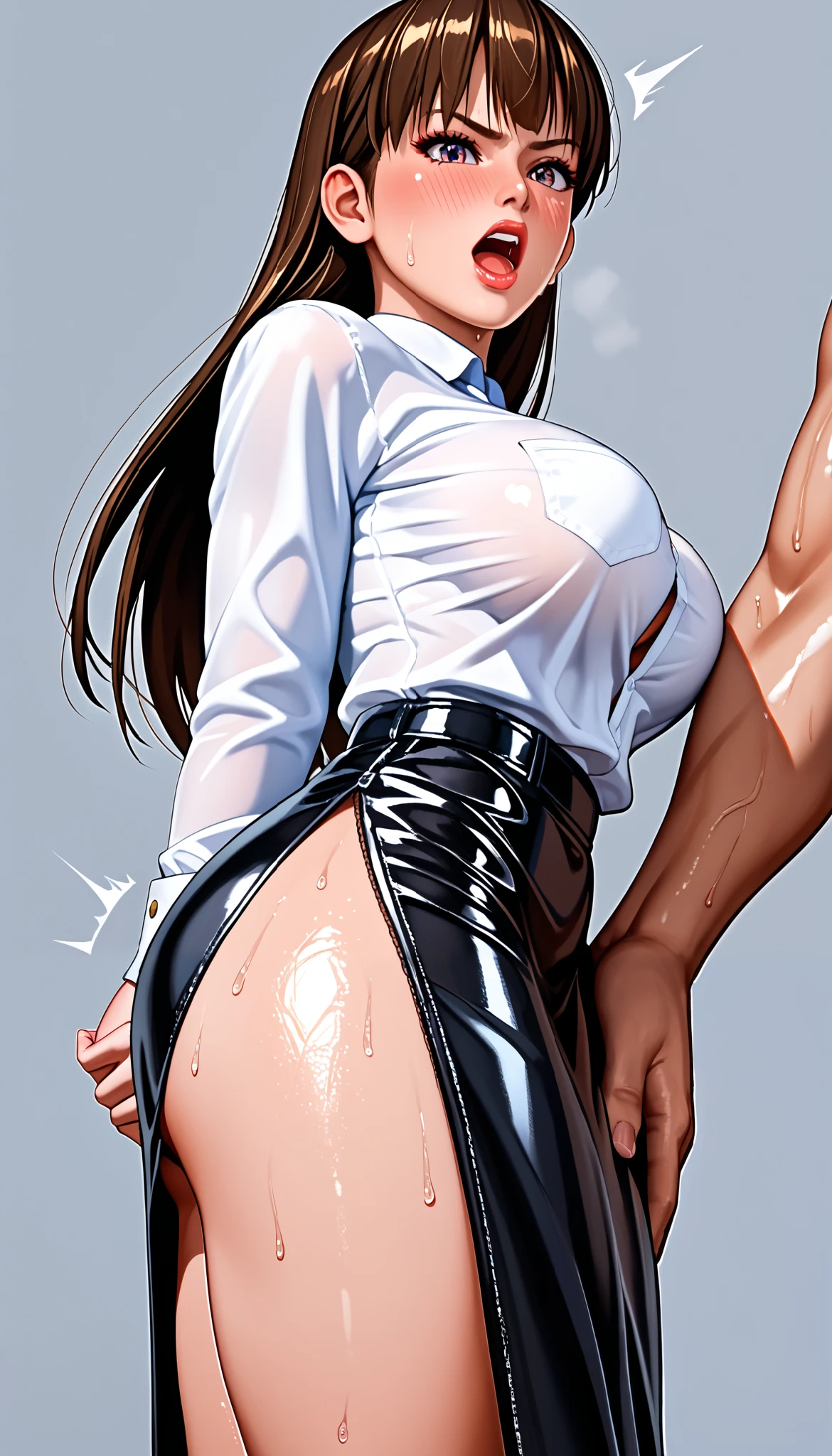 DOALeiFang, LeiFangDOA, gasp, {{{1 girl and 1 male}}}, {{{{ Man holding girl's butt }}}}, shiny black tight long leather slit skirt, shiny white business shirt, arm-behind-back, {{ and bend your body backwards }}, OL, be breathless, sweat, sparkling sweat, trembling, long brown straight hair, breasts, [[angry]], blush, {anguish}, {{shameful}}, from side, from below,