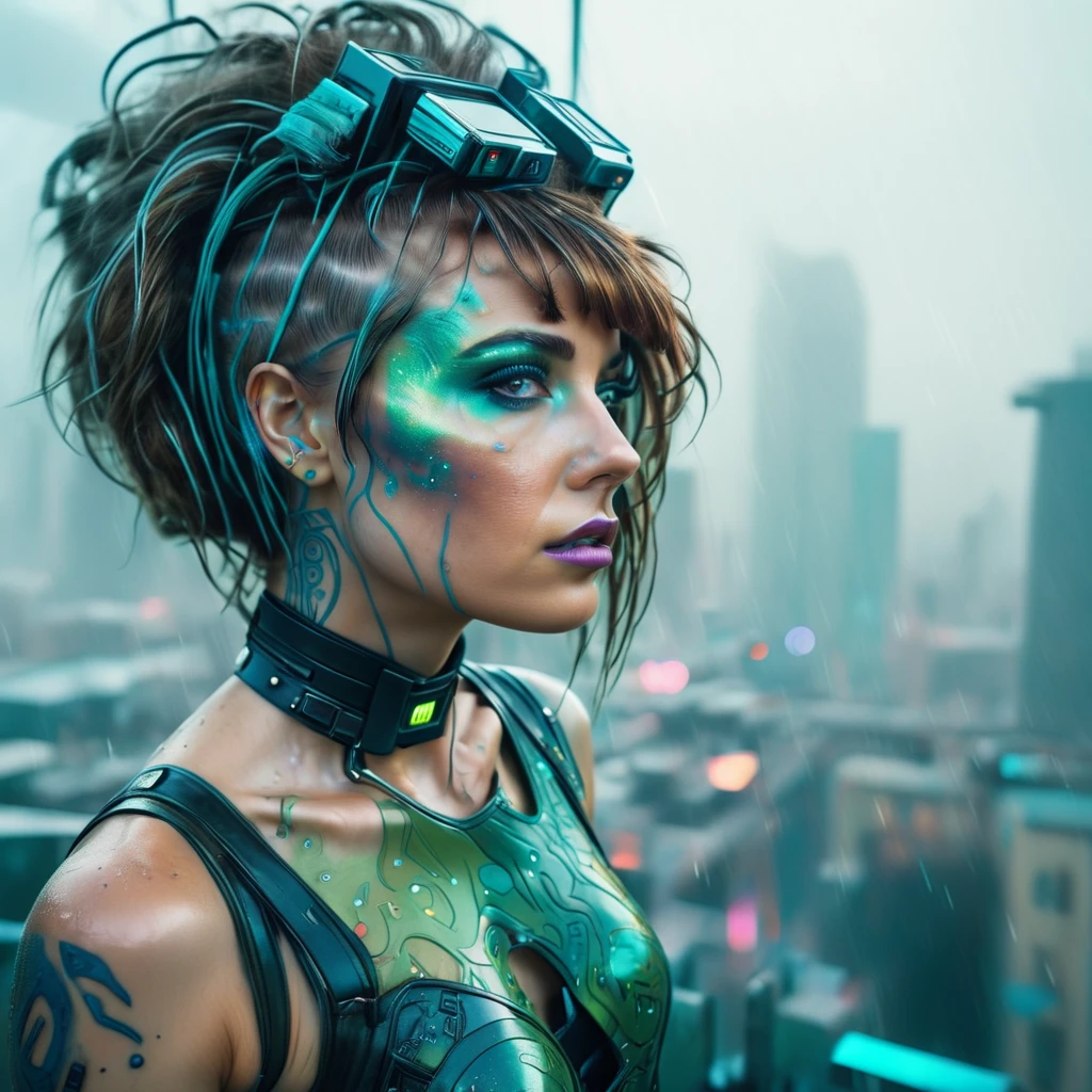 abstract colors, texture, film grain, skin pores:0.1 intricate dramatic portrait of a beautiful windblown scifi scientist standing on a balcony overlooking a futuristic (solarpunk)1.2 city, foggy morning, cinematic movie still frame, blade runner 2049, punk hair style, altered carbon, (analog style)1.3 (film grain)1.3, stephan martiniere Wadim Kashin Simon Stalenhag michal karcz ismail inceoglu