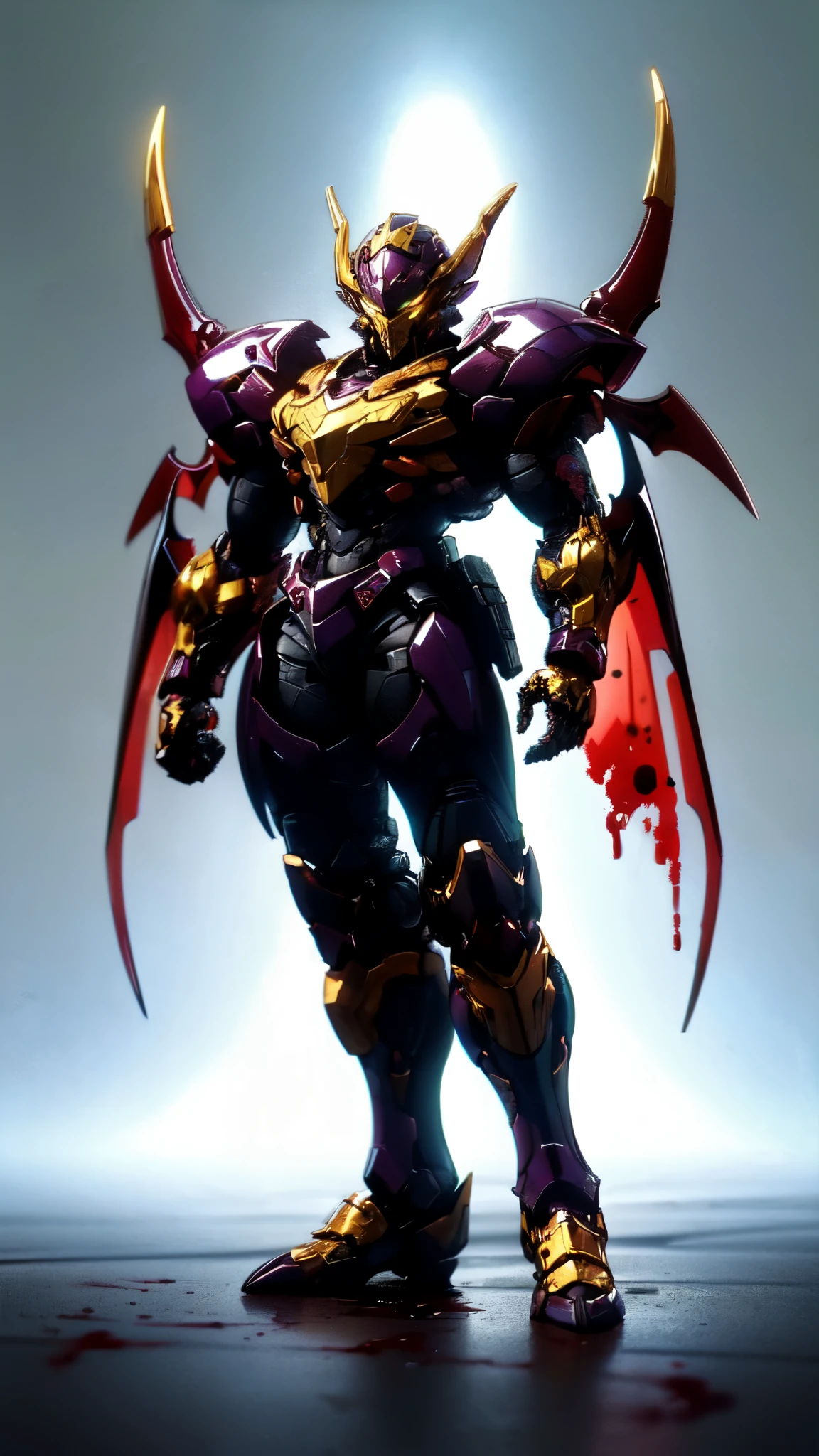 (masterpiece:1.5, best quality:1.5, extremely delicate:1.5), ((male:1.5)), a man wearing a full-face helmet, high-tech biomimetic armored combat suit, (a composite layered chest armor), the design balances heavy with agility, fully enclosed shoulder guards, matching arm and leg guards, a belt of gemstone, (the color scheme is primarily Yellow with Red and Purple accents, Organic Biotech, Concept Inspired by Vampire, glowing eyes, armor glows, huge cloak like devil wings, blood), stand of a futuristic sci-fi city, this character embodies a finely crafted fantasy-style armored hero in anime style, exquisite and mature art style, metallic, high definition, highres, ultra-detailed, ultra-fine painting, professional, perfect body proportions, golden ratio, anatomically correct, symmetrical face, extremely detailed eyes and face, high quality eyes, creativity, RAW photo, UHD, 32k, Natural light, cinematic lighting, (masterpiece-anatomy-perfect:1.2)