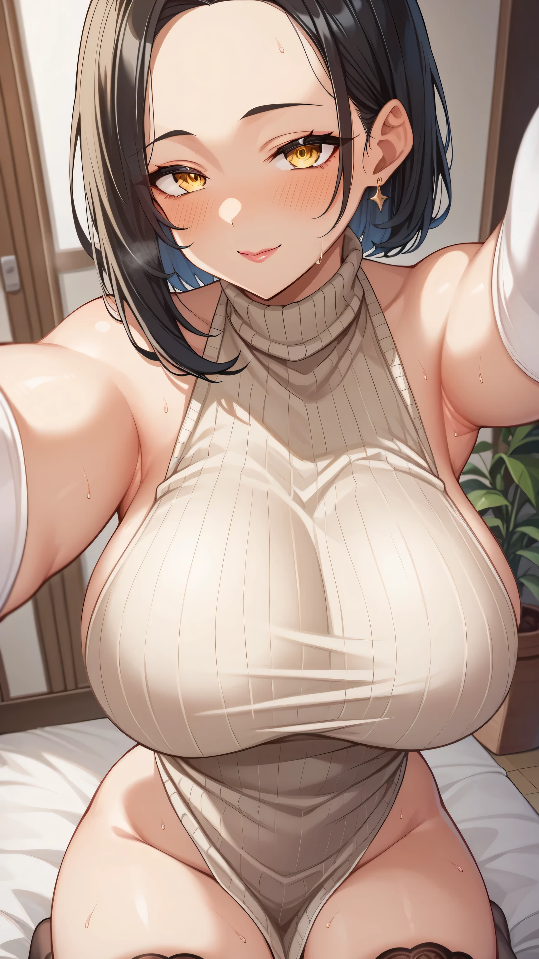  Animated Illustration ,( black hair, yellow eyes, Harajuku fashion ,:1.12),Alone,(( Big Breasts ,))、( perfect eyes,  top quality:1.2), Big and Rich Breasts , top quality、 perfect balance, blonde alone、   , , Captivating Poses、(( selfie 、Big Breasts,))、thick thighs、(( shiny hair, )),1000+ Favorites feature、、 stockings that go above the knee 、 long gloves that go above the elbow、Sexy、blush、sweat、Mature Woman、Mother、Sleeveless knit sweater、Leaking urine、 ahe face