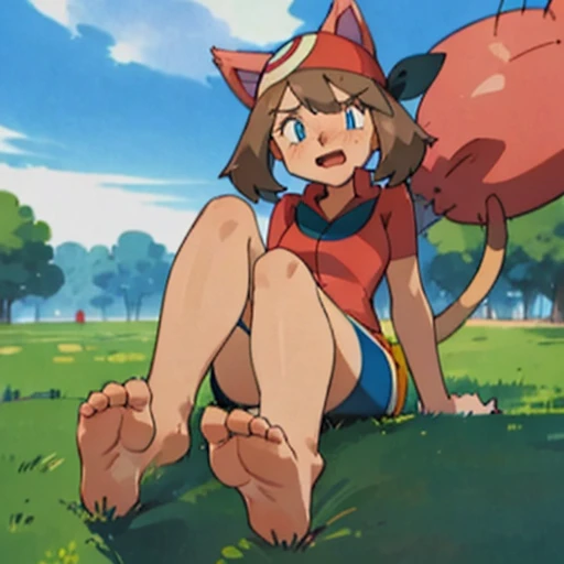 character_pokemon_may, may \(pokemon\), Maypokemon, barefoot, bare legs, soles, bandana, POKEMON_CHARACTER_MAY, barefoot, blue eyes, brown hair, red bandanna, red shirt, white skirt, blue shorts, bike shorts, medium breasts, barefoot, bare legs, long tail, big tail, long tail, tail, May shows her feet and soles, open mouth, bashful, embarrassed, blushed, blush, smile, foot focus, looks at viewer, foot tease, foot fetish, high soles, feet posing, Commission for high resolution, low resolution, detailed feet towering over you, detailed feet looming over you, Foot Art POV, Detailed legs、sole of feet, bare-legged, two legs, two feet, sitting, good face, good eyes, cat girl, catgirl, cat ears, pink ears, tail, cat tail, pink tail, big cat ears, skitty, Skitty ears, Skitty tail, Pokemon