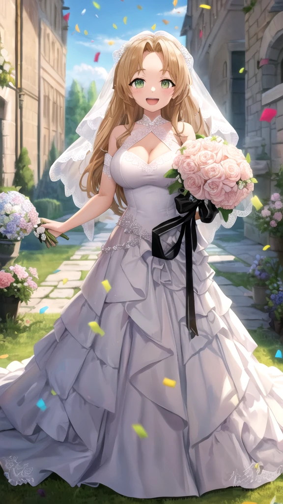 ((beautiful artwork)),(highest quality:1.3), (Masterpiece:1.3), (highest detail:1.3), (highest resolution:1.3),(ultla highres:1.3),4k,8k,16k,(perfect anatomy),(cinematic lighting),((delicate facial features)),super fine illustration,(hair dripping:1.1), (detailed hands and fingers:1.2),colorful, 1girl, solo, wedding, church, sunny wedding venue, cowboy shot, beautiful blonde, long back hair, hair luster:1.3, wedding veil, beautiful aqua eyes:1.5, moist red lips, light smile, gorgeous wedding dress, holding wedding bouquet with both hands, Lens flare:1.5, attendees lined up on either side, super detail: 1.5