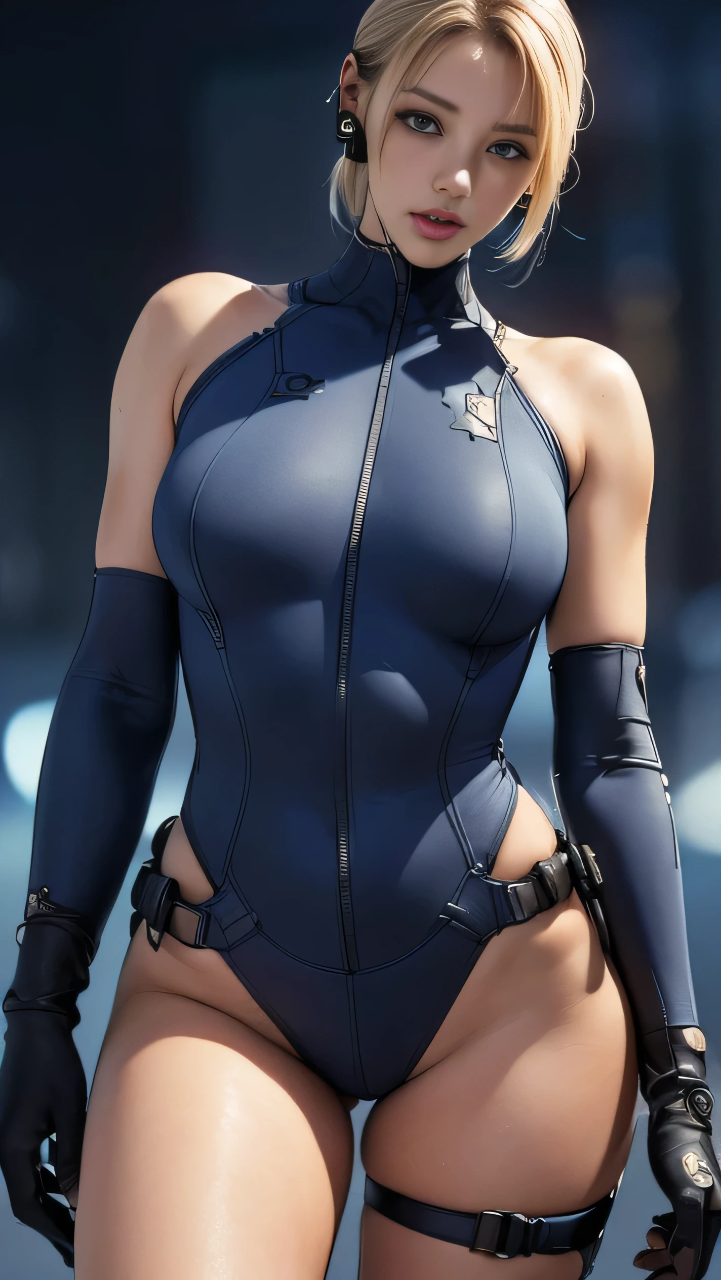 (A woman),(((A female member of the Future Force rides a motorcycle))),((Navy blue tactical high leg bodysuit:1.5)),((earphone:1.5)),((Tactical Holster:1.5)),(Gloves:1.5),(Serious:1.5),(Super short hair:1.5),(bionde:1.5),(beautiful eyes:1.3),(Very detailedな顔:1.5),((Very detailed drawing of a female hand:1.5)),((muscular:1.5)),(Sexy appearance:1.5),((Thick thighs:1.5)),(Beautiful Body:1.5),((Very sensual:1.5)),(Background is hanger:1.5),(Cyberpunk atmosphere:1.5),(((Blurred Background:1.5))),(Written border depth:1.5),rest(((masterpiece:1.5),(best quality:1.5),(Very detailed:1.5),(high resolution:1.5),(Practical:1.5),(Practical:1.5),(Delicate depiction),(Carefully drawn))),8k,wallpaper