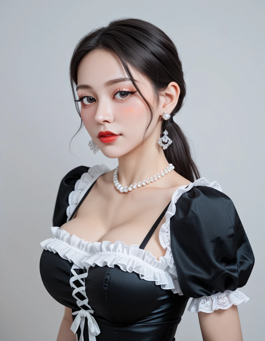 1girl, solo, masterpiece, best quality, soft red lips, light makeup, long black hair, hair stylized into a ponytail, silver diamond earrings, short puffy black dress, short puffy sleeves, white lacy gloves, pearl necklace, blushing, posing for a photoshoot, round breasts, lacy and frills