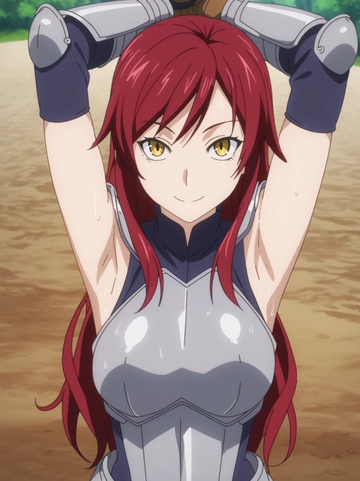 score_9, score_8_up, score_7_up, source_anime, anime screencap, 1girl, solo, kobayashi, yellow_eyes, red_hair, long_hair, large_breasts, armor, breastplate, gauntlets, armored_dress, sleeveless, arms up, raised arms, armpits, looking at viewer, smile, closed mouth, outdoors, forest, from above, badhandv4, sweaty armpits