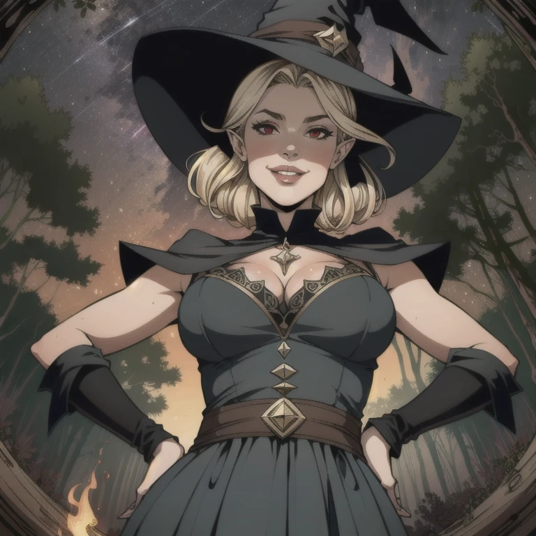 (  masterpiece ,  high quality:1.3), (Fish Eye:1.25), a sexy witch girl, 18 years old,  Hand on hips  , (night, magical dark forest:1.3), (close-up,  upper body:1.3), (Alone:1.1), perfect slim body,  red eyes ,  short blond hair, fringe, elf ears, smile, (simple:1.1) Blue dress, (therefore:1.1) leg warmers,  witch hat , firefly, sparkles, epic sky , lua, dynamic light,  dynamic shadows , (from below:1.2)