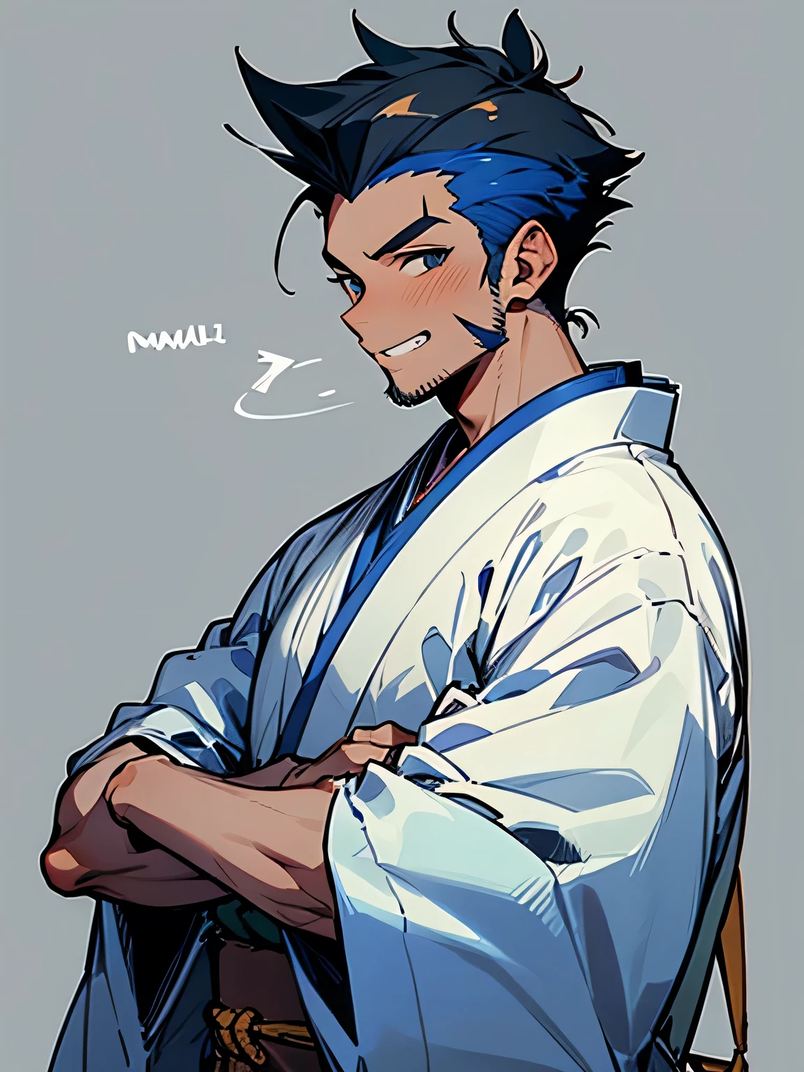 (sideview),(looking at viewer:1.3), (male:1.3),upperbody,black spiky hair,sideshaved,(dark skin:1.2),big forehead, (stubble:1.1), male eyes, male nose, male mouth, muscle:0.6,(wearing male's blue kimono_clothes),grin,Pro Model Pose:1.3,（ I am the protagonist:1.3）、simple white background,(manga style),(sketch),(illustration),