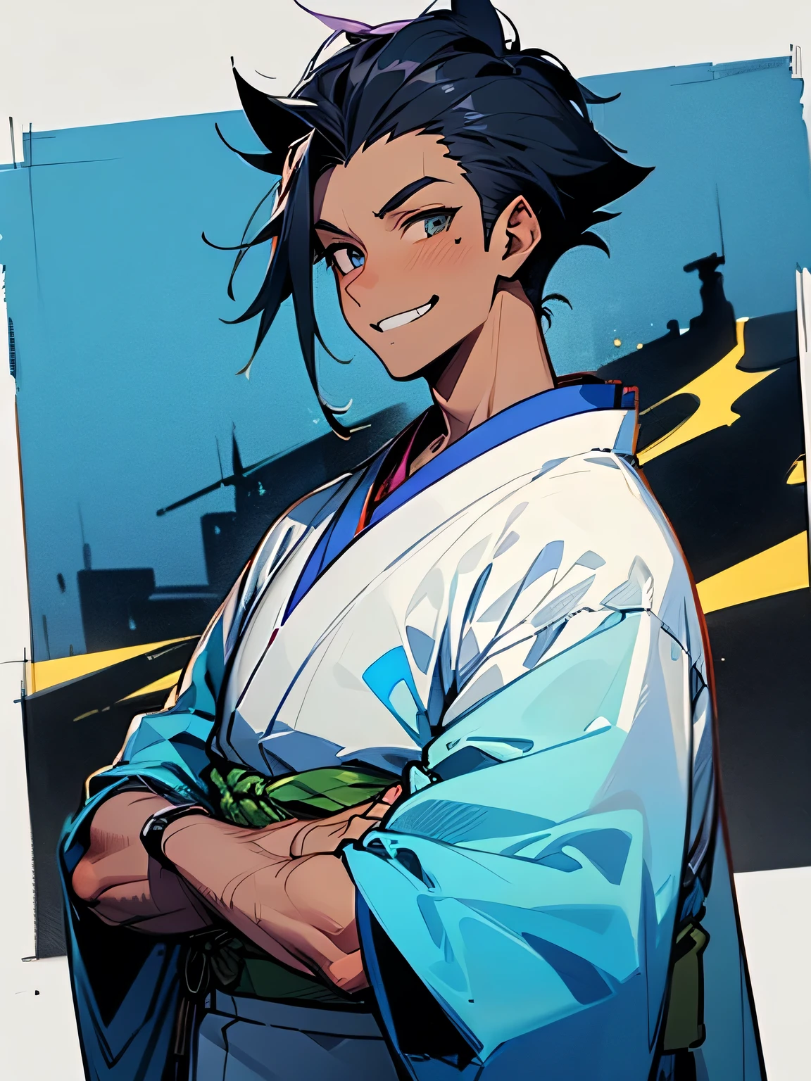 (sideview),(looking at viewer:1.3), (male:1.3),upperbody,black spiky hair,sideshaved,(dark skin:1.2),big forehead, (stubble:1.1), male eyes, male nose, male mouth, muscle:0.6,(wearing male's blue kimono_clothes),grin,Pro Model Pose:1.3,（ I am the protagonist:1.3）、simple white background,(manga style),(sketch),(illustration),