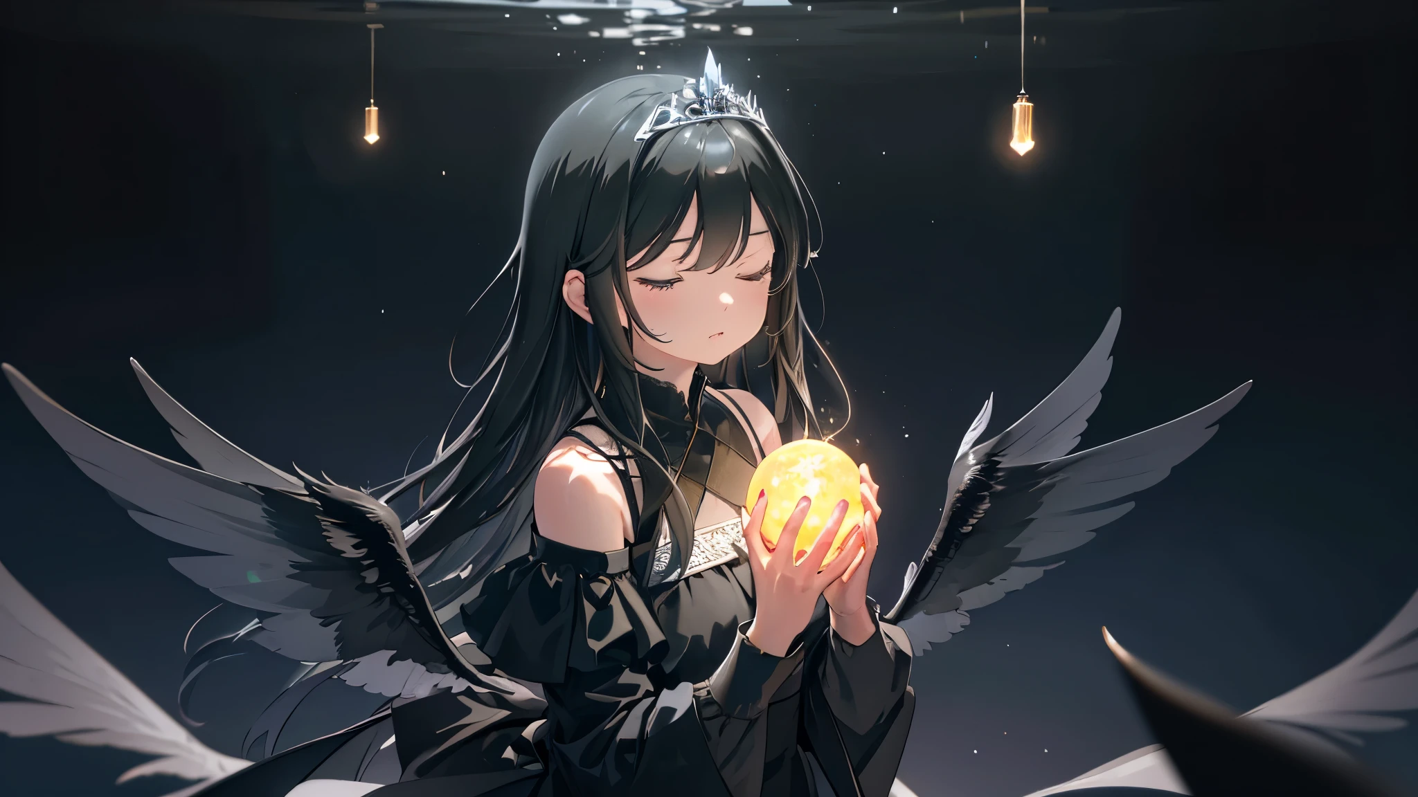 isometric view, 1 girl, upper body, (closed eyes), (facing viewer), (gentle expression), [serious, parted lips], (black long hair), straight hair, (black long dress), [[empty background decoration, darkness, celestial background]], cinematic lighting, dramatic lighting, Sharp Focus, (Best Quality, masterpiece, detailed, facial focus), depth of field, (black blade tiara, black feather wings), ((a glowing sphere of light on cupping hands)), (((perfect hands, detailed hands))), ((divine atmosphere))