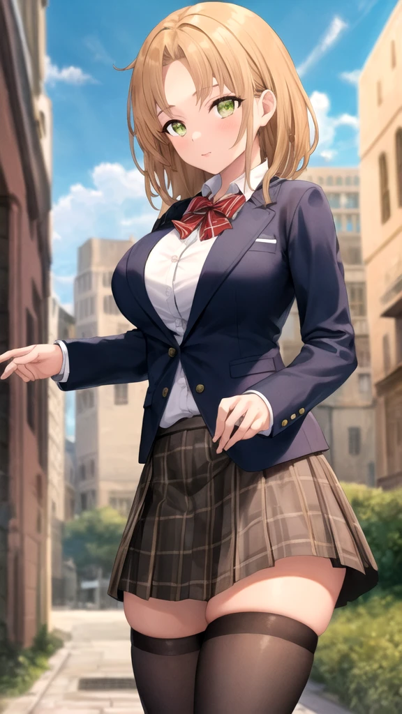 32k, best quality, 1girl, skirt, thighhighs, bow, jacket, pleated skirt, shoes, black thighhighs, The Great Passage, plaid, plaid skirt, blazer, red ribbon tie, , tootsuki , skirt, plaid skirt, thighhighs, black thighhighs, pleated skirt, plaid skirt, Neckband, wide, by rubio, big breasts, purple eyes, Thighs, Side locks, pointing, hand on hip, tits, pink panties, Masterpiece, Best Quality, high resolution, Beautiful detailed eyes, extremely detailed face, good lighting, Detailed CG, messy hair, bright lips, city street, evening, neon lights, looking back at the viewer, standing, flirtatious smile, seductive.