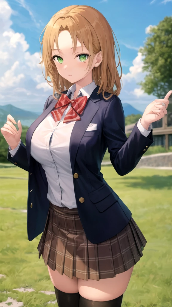 a woman in an open brown jacket and black pants posing for a photo, anime ecchi style, looking like annie leonhart, medium, voluminous breasts, prison school, ecchi style, asuka suit under clothes!, annie leonhart, realistic schoolgirl, chiaki nanami from danganronpa , seductive anime girl, fujita goro!, anime woman, realistic version, ultra realistic