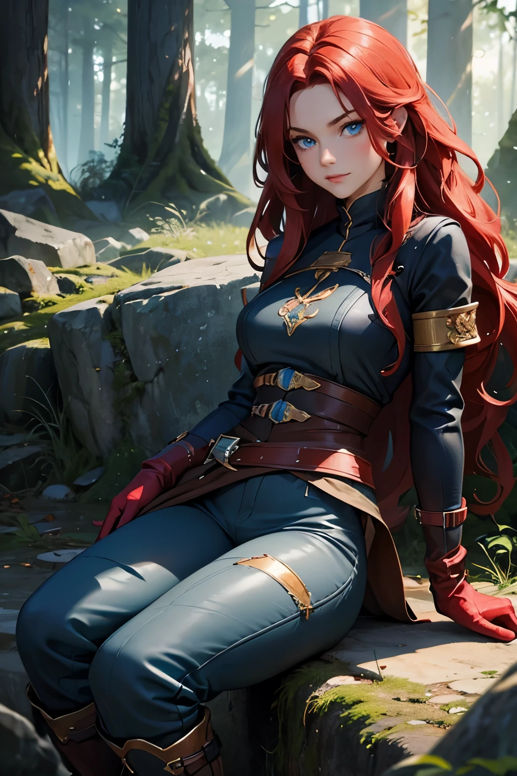 portrait, sitting, grass, sky, field, xayah, League of Legends, 1girl, animal ears, bandaged leg, thighs, bandages, belt, bird legs, bird skull, cape, closed mouth, ears through hats, eyes visible through hair, facial mark, feathers, hood, hood up, hooded cape, long hair, big eyes, yellow eyes, red hair,  claws, vambraces, blue capelet, cape, capelet, shoulder hair, hooded capelet, red dress, dress, nose ring, nose piercing