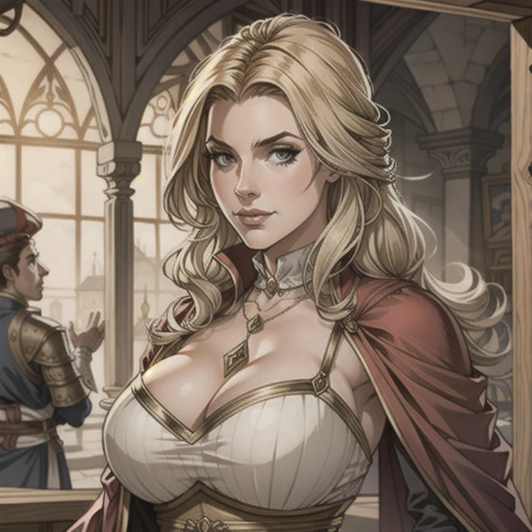 A portrait of a curvy woman with large neckline random breasts a PNC for a medieval RPG wearing medieval costumes in a medieval role-playing art an art of rough detail