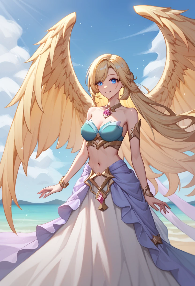 score_9,score_8_up,score_7_up,1girl,robin_\(honkai:_star_rail\),head_golden wings,bare_shoulders, gold jewelry,bangles, long dress, bracelet,skirt, navel,midriffe, shiny blonde hair, loose flowing gold silk chiffon gown, dsmile, dawn, blue sky, highly detailed, long lashes, shimmering, happy, serene, heavenly, detailed face, perfect eyes