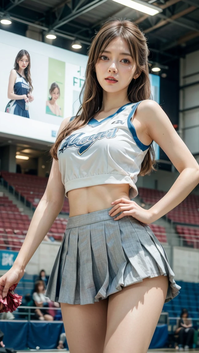 1girl, (Blue eyes), (smiling :1.2), (Sana Minatozaki), wide hips, Big tits, big ass, toned legs, (Best Quality, 8k, Masterpiece: 1.3), Clear Focus: 1.2, Perfect Body Beauty: 1.4, Highly detailed face and skin texture, detailed eyes, double eyelids, (blonde long straight hair :1.2), cleavage, (white sleeveless cheerleading shirt :1.2), (teal cheerleading miniskirt), standing, dynamic pose, in a school yard, flagpole in the background