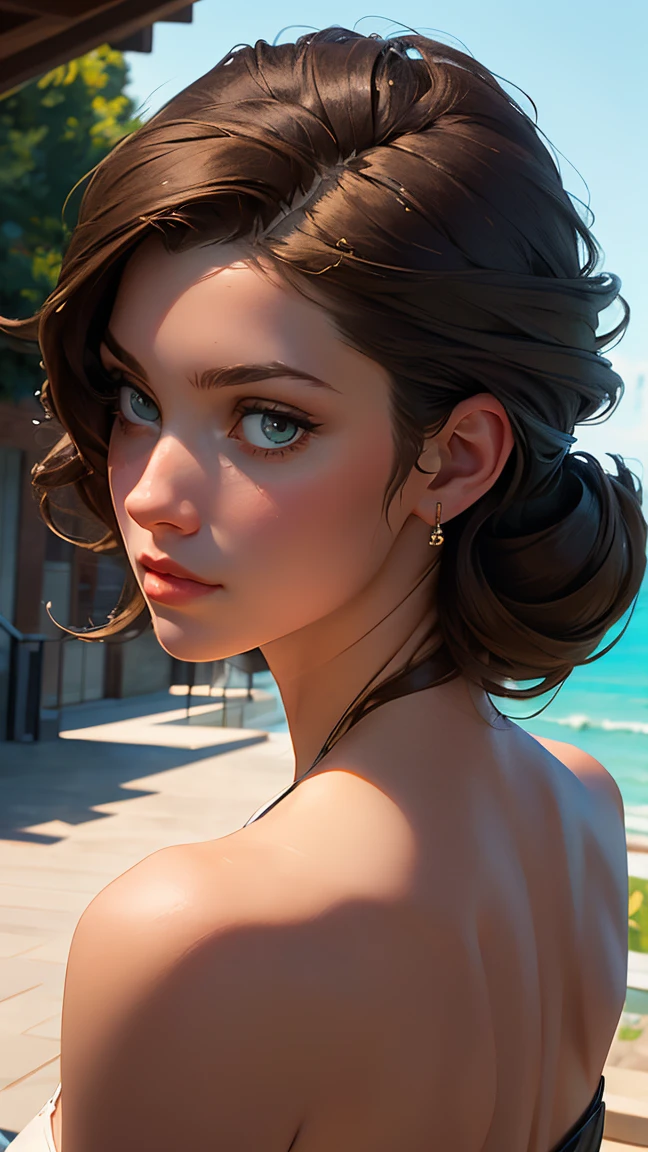 sam yang,

1girl seksi, back, bare shoulders, blue eyes, brown hair, earrings, freckles, jewelry, lips, long hair, looking at viewer, looking back, necklace, off shoulder, parted lips, portrait, day, depth of field, solo

, ((masterpiece))