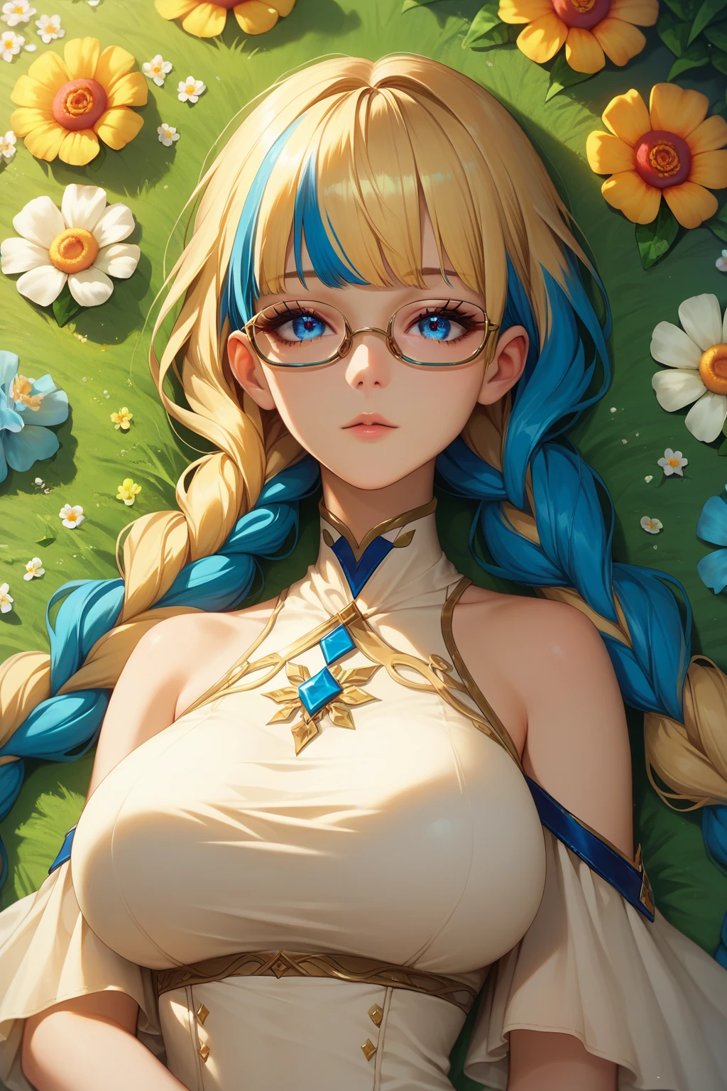 meiko, blonde hair, highlighted hair, blue hair, ((straight bangs)), twin braids, glasses, blue eyes, beautiful eyes, eyes best detail, lying on the flowers, outdoors, sunset, Country dress, big breasts, (long hair), (two braids)From above