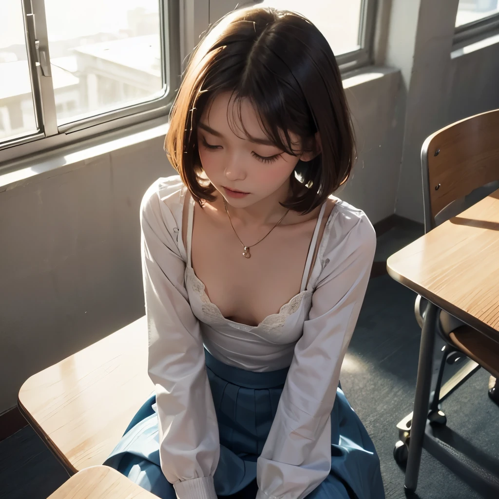 1 girl, downblouse, , munechira,(((small breasts))), looking away,sitting on chair,leaning forward,bending over, , birds-eye view shot , Upper body, necklace ,in classroom ,long sleeves dress,decolated detailed  bra within,long skirt, short hair 