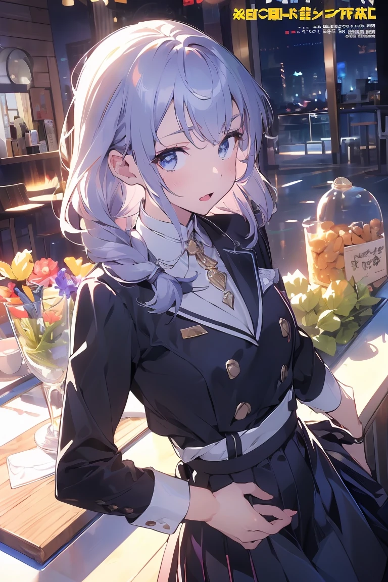 (from above:1.0,Best Quality),a girl , platinum color hair、bartender uniform,Purplish blue eyes that dreamers desire, small stature, medium , Lori face, (masutepiece:1.2, Best Quality), (finely detailed beautiful eye: 1.2), (beautifull detailed face), (perky chest:1.2), (pointed chest:1.1), (bratender magazine cover:1.5)，(Best Illumination, extremely delicate and beautiful), sexy pose,make a coffee , in a bar counter, morning light, Short bob hair（1:3）,Ultra Contrast、Braid a little around the ears, black bartender uniform dress、Sexy and qute pants、You can't see inside your underwear,mocking look、nffsw,Arms crossed、grab the arm、Shoot 、breastuscular pussy、little Pubic hair,high-level image quality、hightquality、8K,perfect hand、5 fingers、finger pin、Perfect Finger,noise cut、Her hair color should have been a brighter blue,(The bartendre skirt dress part is also carefully expressed:1.4)、the skirt is floating in the wind:1.2、Dark purple panties,(with sparkling eyes and a contagious smile),open mouth, highest quality, high resolution,Real World, Natural light,perfect Natural light, Looking at Viewer,
