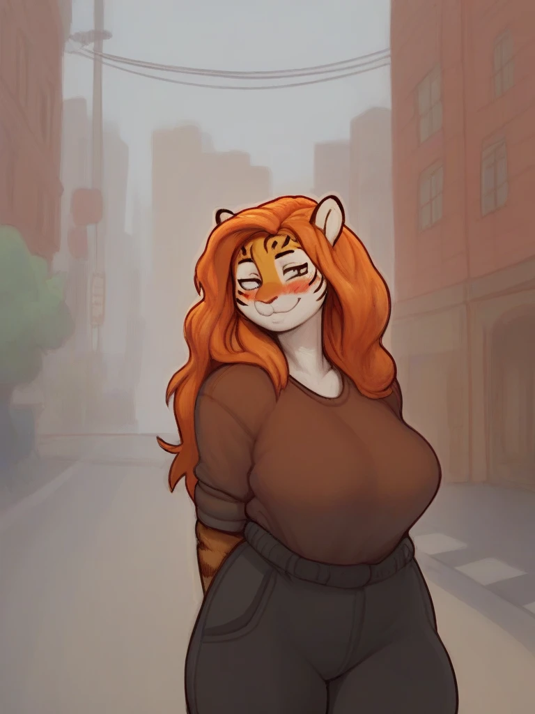 score_9, score_8_up, score_7_up, , (source_furry) , female, (solo:1.1), (large breasts),chelodoy, looking at viewer, smile, blush, tiger, ginger hair, long hair, ,  Urban street,,
