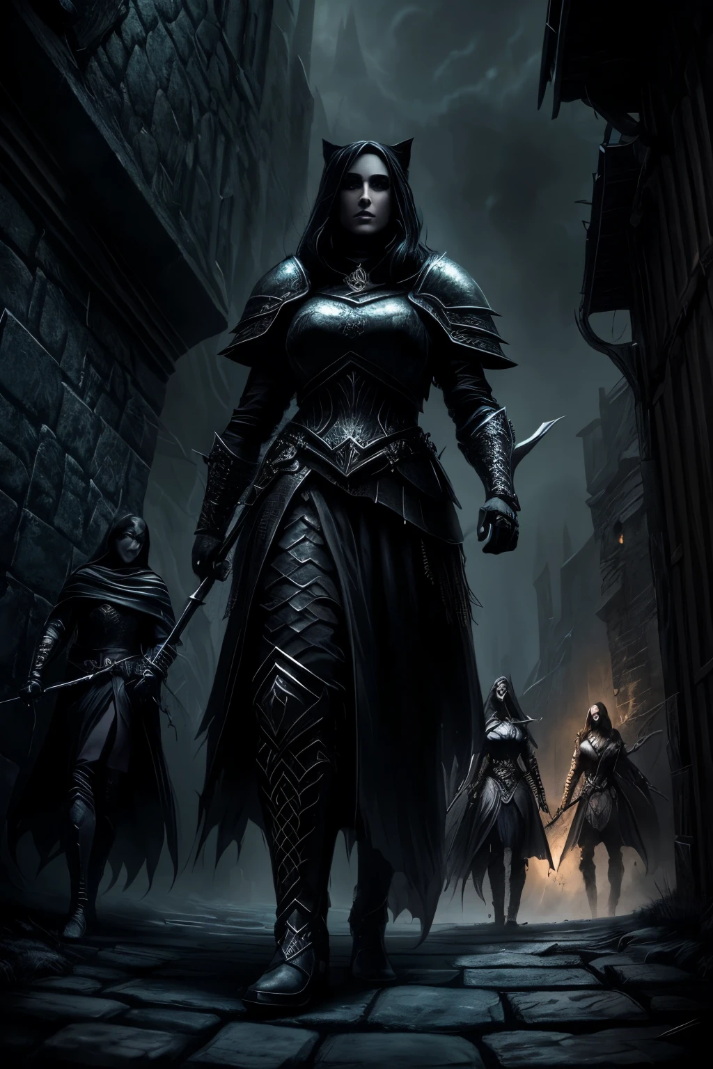 a group assassin of women in armor walking through a dark alley, with a big wild cats, society contest winner, fantasy art, dark fantasy style art, dark fantasy art, dark fantasy style, gothic fantasy art, elegant cinematic fantasy art, dark fantasy artwork, dark epic fantasy, in style of dark fantasy art, fantasy dark art, epic fantasy style
