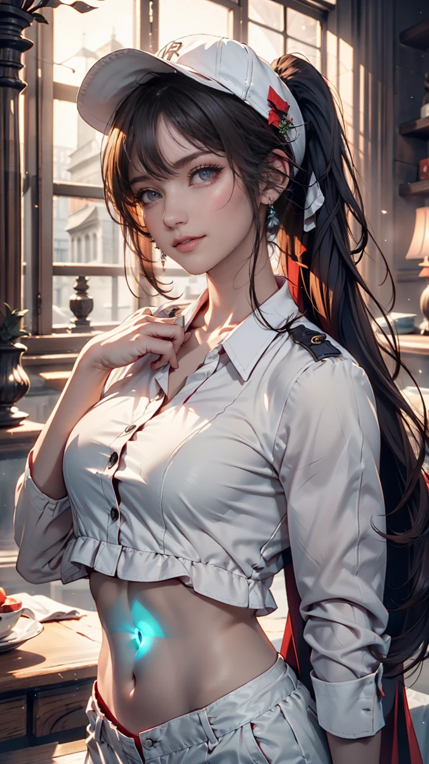 22 years old, (milf:0.8), (solo:1.5), (sfw:1.25), cute breast, beautiful breasts, medium ,black suspenders,(Bulging ,big breasts:1.1),(Black miniskirt:1.3),garters,Gaze,Small face,bangss,holster,Belt Armament,Beautuful Women, thin waist, big ass:1.0, Raised sexy, (dark green mediumlong hair,side ponytail,hair between eyes,bangs, dark blue eyes, light smile, big , Revimpling fabric, earrings, Hand gloves, detailed face,(smoking:1.3),detailed and beautiful eyes,beautiful detailed lips,Rolling her eyes,manner,(ultra high resolution, 8K RAW photo, photo realistics, thin outline:1.3, clear focus), best qualtiy, natural lighting, textile shading, field depth (Bright pupils, fine detailed beautiful eyes with highlight:1.3, high detailed face), Red lip, fine realistic skins:1.1, looking down viewers:1.3, (dynamic angle:1.3, front view:1.1, breast focus:1.3, from below:1.2), (dynamic posing:1.5, sexy posing:1.2, leaning forward),Youghal, side lock, hair ornaments, hair band,nice,garden background,artistic rendering,Super detailed,(highest quality,4k,8K,High resolution,masterpiece:1.2),Bright colors,studio lighting ,in usa military base,