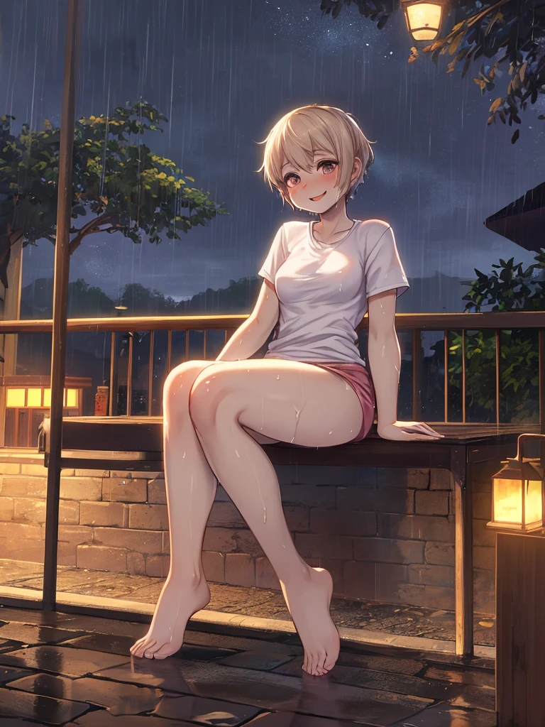 (8k, best quality, masterpiece:1.2), (realistic, photo-realistic:1.37), ultra-detailed,((( 1 girl))),solo,beautiful detailed sky,detailed cafe,night,sitting,dating,(nose blush),(smile:1.15),(closed mouth) small breasts,beautiful detailed eyes,(shirt:1.1), night, wet, rain,white lace, (short hair:1.2),floating hair NovaFrogStyle, ((full body)),stand, sexy, cute