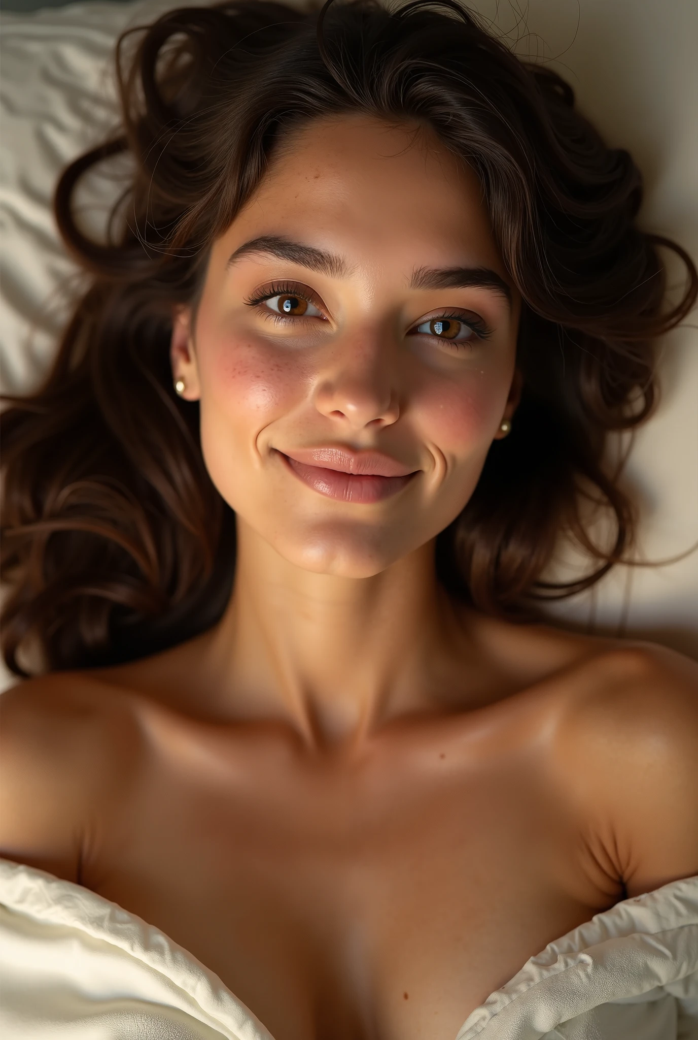best qualityer, Facial Focus, smooth light, ultra high resolution, (photorrealistic:1.4), CRU photo, 1 brown Brazilian girl, alone, cute, (shy smile:0.5), (eyes browns, lights in the eyes), detailed gorgeous face, (medium chest),(high resolution detail of human skin texture), (short and wavy hair), break, lying on her bed, from the bra, Vest, overskirt