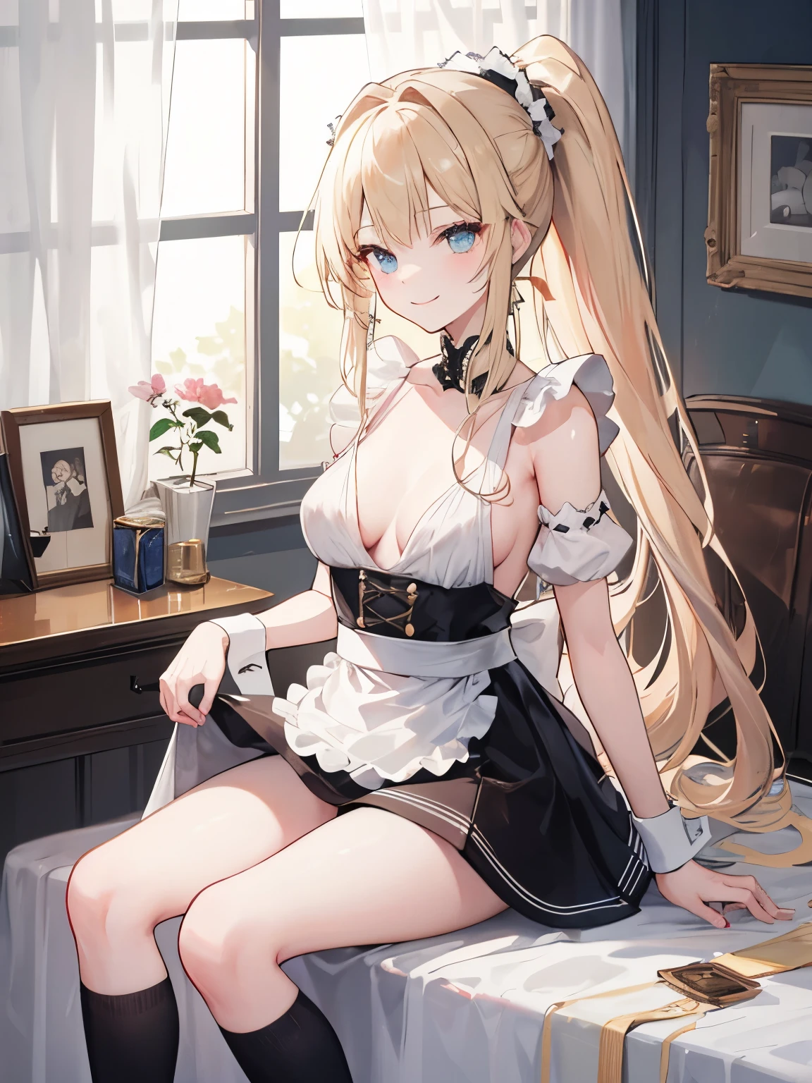 ((Britney Spears)), {{{masterpiece}}}, {realistic:1.2}, best quality, official art, extremely detailed CG unit 8k wallpaper, day, artbook, game_cg, ((Britney Spears 1girl)), NSFW, overexposed, milf, detailed bra, medium breasts, solo, long blonde hair, seductive smile, blue eyes, {white pantyhose}, high heels, sexy maid clothes, (in the kitchen) maid cap, crossed_legs,  eye_contact, {beautiful eyes detailed gradient}, red lips, illustration, highlights, cinematic lighting, dramatic angle