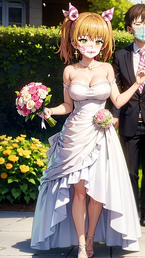 masterpiece, best Quality, high Quality, girl, wakakusa moena, surgical mask, heart pattern, green eyes, hair ribbon, cross earrings, blonde hair, large breasts, wedding Dress, standing, garden, confetti, holding bouquet, smile, open mouth,
