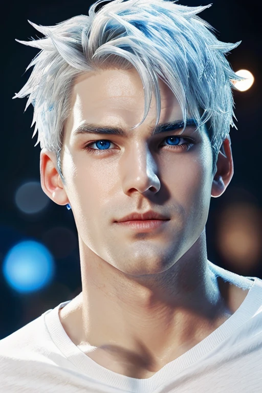 Half BODY PHTOREALISTIC  HANDSOME  JACK FROSt. Blue eyes. Wearing white t-shirts and short. Holding lollipop 