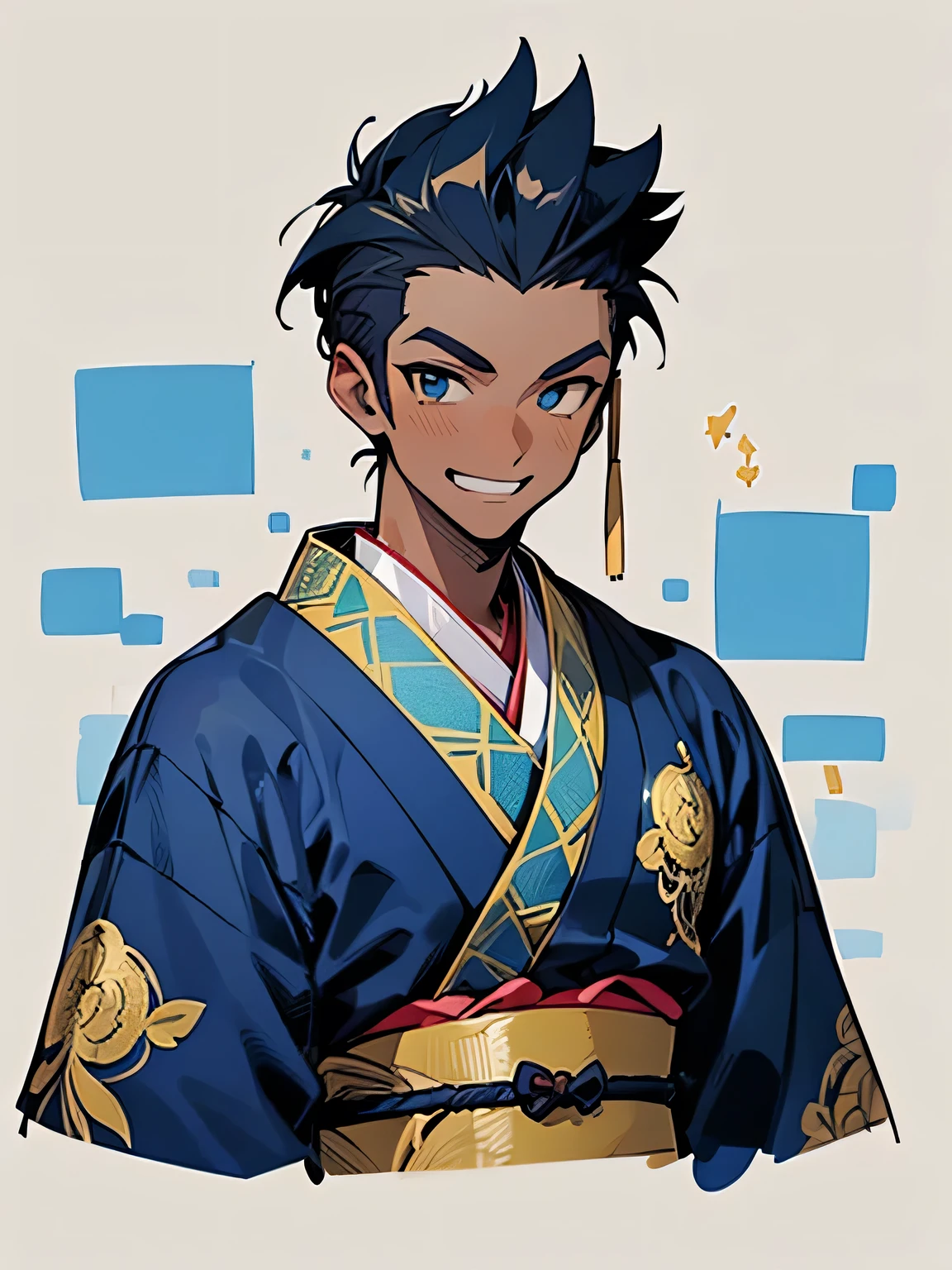 (looking at viewer:1.3), (male:1.3),upperbody,black spiky hair,sideshaved,(dark skin:1.2),big forehead, (stubble:1.1), male eyes, male nose, male mouth, muscle:0.6,(wearing male's gold decoration, traditional embroidery blue kimono_clothes),grin,Pro Model Pose:1.3,（ I am the protagonist:1.3）、simple white background,(manga style),(sketch),(illustration),