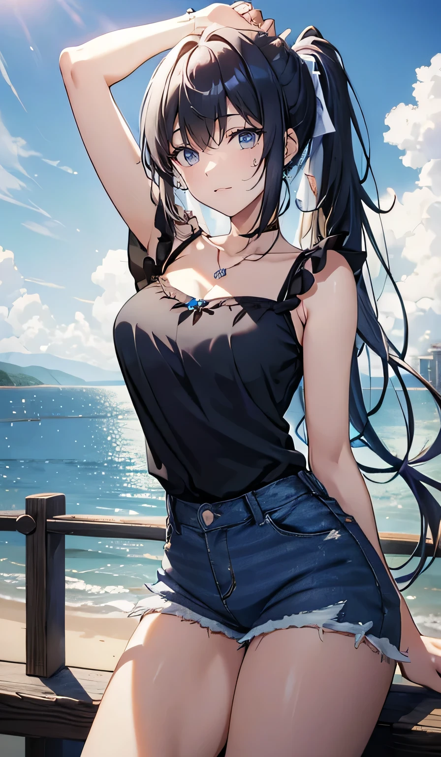 black hair, ((highlights hair, Blue streaked hair))((smile,smile,Big Breasts,Side ponytail)),(  top quality,4K,  High Definition  :1.2),   Melody Mark, absurd ,  ultra-detailed,  bright color , (Camisole blouse:1.5) ,  (Short denim:1.3) , asymmetrical bang ,  Blonde,  shiny hair, Delicate beautiful face, blush、( deep blue eyes:1.3),  white skin,  hair clip,  earrings,   Necklaces  , Beautiful Clouds, Clear sky,Seaside, sexy pose , moon,Sexy Costumes