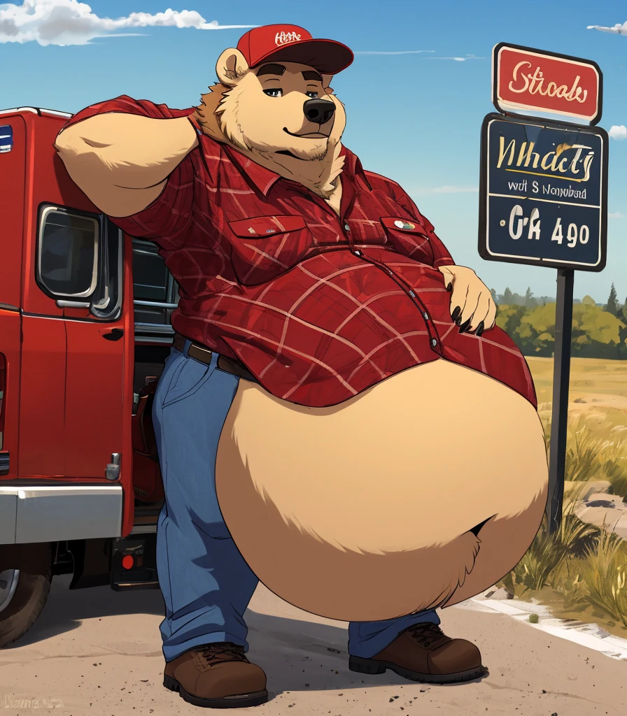 Solo, Fattest Grizzly Bear with unbelievably extremely massive belly, male, hyper belly, trucker hat, red flannel shirt, rolled up sleeves, Blue jeans, belt, work boots, arms crossed, truck stop