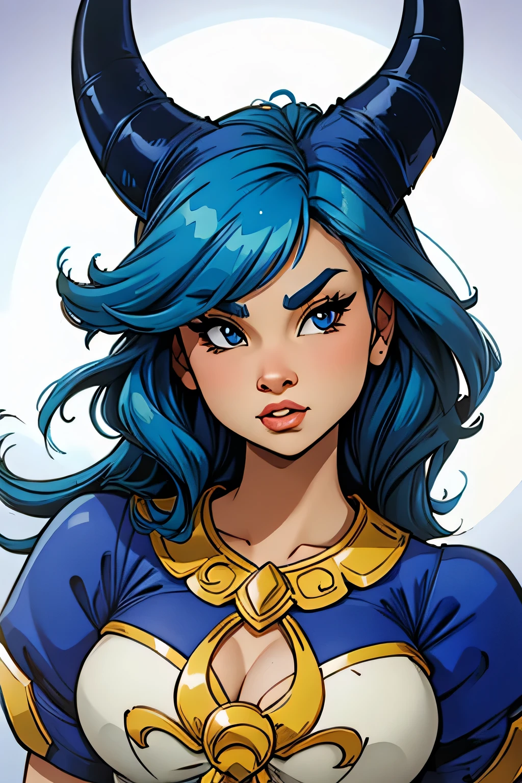 woman, dragon, focus on face, looking at viewer, blue hair, horns