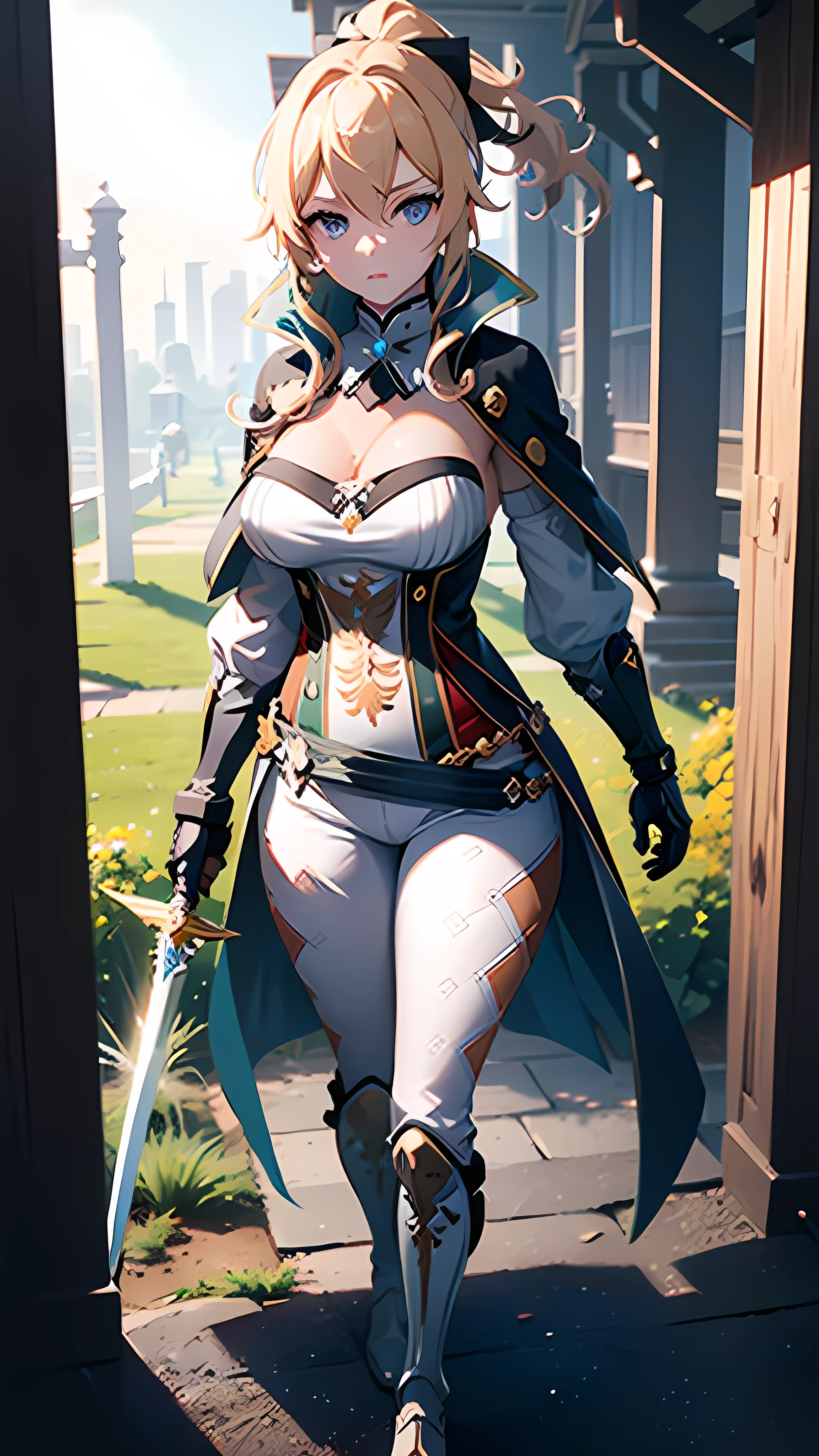 (extremely detailed CG unity 8k wallpaper), the most beautiful artwork in the world, 1girl, full body, detailed eyes, mouth opened, eyes narrow, big breast, holding sword, preparing for fight, winds