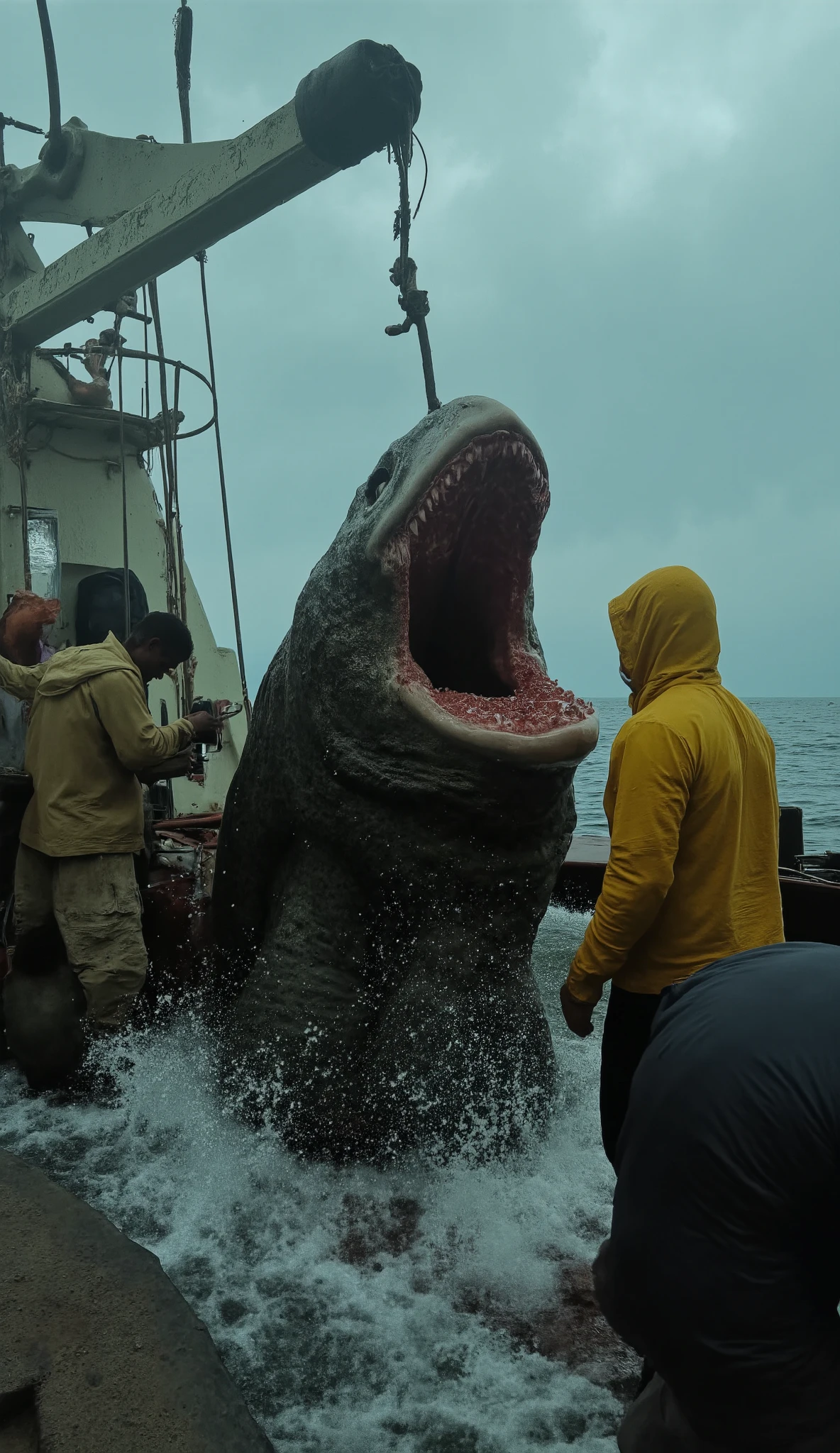 Image of people using a rope to pull a whale
