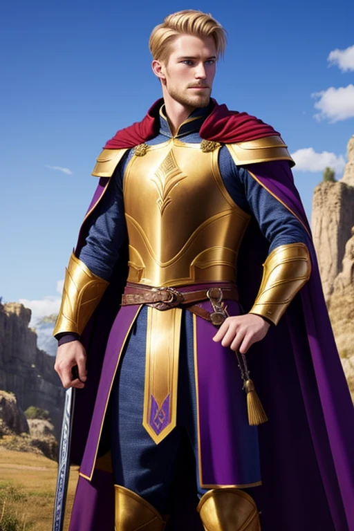 Photo-realistic.  A tall, handsome, fit, 24-year-old Caucasian medieval warrior man, with short, fade-cut, golden-blond hair, stubble, and blue eyes, wearing glistening purple armor, with gold inlay, and a red cape, standing in a stone arena, under a deep blue sky.