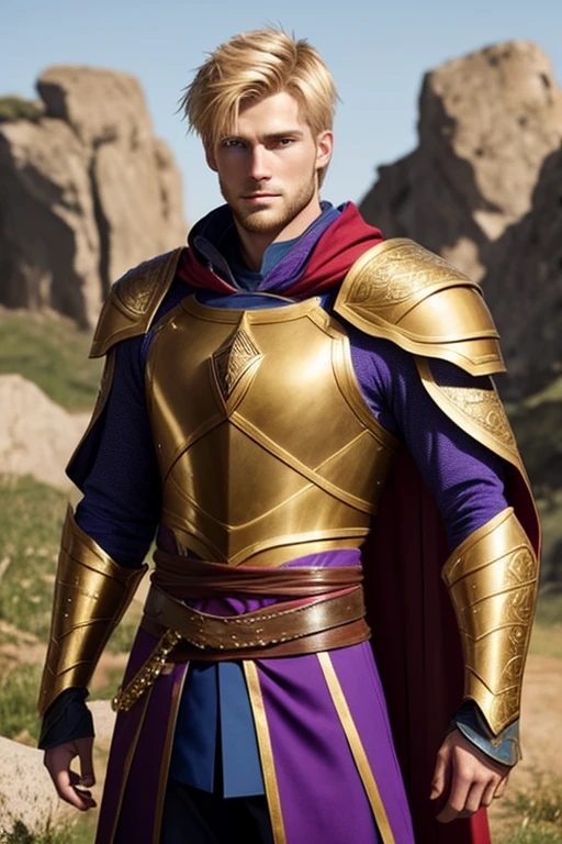 Photo-realistic.  A tall, handsome, fit, 24-year-old Caucasian medieval warrior man, with short, fade-cut, golden-blond hair, stubble, and blue eyes, wearing glistening purple armor, with gold inlay, and a red cape, standing in a stone arena, under a deep blue sky.